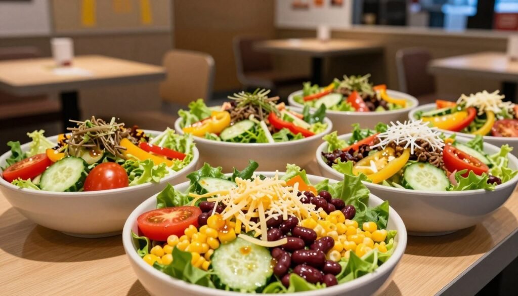 A beautifully arranged selection of vegetarian salads available at McDonald's, featuring fresh ingredients like vibrant greens, ripe tomatoes, crunchy cucumbers, and colorful bell peppers. The foreground highlights a large salad bowl brimming with a variety of toppings, including beans, corn, and a sprinkle of cheese, all drizzled with a light vinaigrette. In the middle, several smaller bowls showcase individual salad options, aesthetically plated and inviting. The background captures a cozy McDonald's interior, softly lit with warm lighting, adding to the inviting atmosphere. The image is taken from a slightly elevated angle, emphasizing the salads while giving a glimpse of the restaurant ambiance. The mood is fresh, lively, and appealing, perfect for showcasing meatless lunch and dinner choices. A beautifully arranged selection of vegetarian salads available at McDonald's, featuring fresh ingredients like vibrant greens, ripe tomatoes, crunchy cucumbers, and colorful bell peppers. The foreground highlights a large salad bowl brimming with a variety of toppings, including beans, corn, and a sprinkle of cheese, all drizzled with a light vinaigrette. In the middle, several smaller bowls showcase individual salad options, aesthetically plated and inviting. The background captures a cozy McDonald's interior, softly lit with warm lighting, adding to the inviting atmosphere. The image is taken from a slightly elevated angle, emphasizing the salads while giving a glimpse of the restaurant ambiance. The mood is fresh, lively, and appealing, perfect for showcasing meatless lunch and dinner choices.