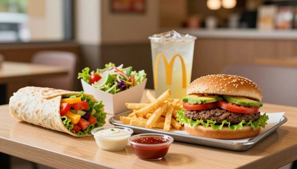 A colorful display of vegetarian alternatives at McDonald's, featuring a variety of items like a vibrant veggie burger with fresh lettuce, tomato, and avocado, alongside crispy fries and a colorful side salad. In the foreground, an attractive wooden table is adorned with a reusable container filled with a plant-based wrap, bursting with colorful vegetables. In the middle, neatly arranged are several dipping sauces in small bowls, along with a refreshing iced drink. The background shows a bright and inviting restaurant environment with warm lighting, softly blurred to keep the focus on the food. The mood is cheerful and appetizing, evoking a sense of health and sustainability. Shot with a shallow depth of field to emphasize the foreground details, reflecting a modern fast-food dining experience. A colorful display of vegetarian alternatives at McDonald's, featuring a variety of items like a vibrant veggie burger with fresh lettuce, tomato, and avocado, alongside crispy fries and a colorful side salad. In the foreground, an attractive wooden table is adorned with a reusable container filled with a plant-based wrap, bursting with colorful vegetables. In the middle, neatly arranged are several dipping sauces in small bowls, along with a refreshing iced drink. The background shows a bright and inviting restaurant environment with warm lighting, softly blurred to keep the focus on the food. The mood is cheerful and appetizing, evoking a sense of health and sustainability. Shot with a shallow depth of field to emphasize the foreground details, reflecting a modern fast-food dining experience.