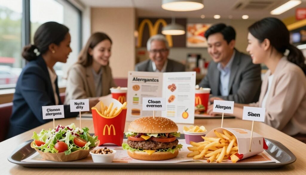 A detailed layout showcasing common allergens in McDonald's menu items. In the foreground, a beautifully arranged platter featuring iconic McDonald's foods such as burgers, fries, and salads, with small, clear labels indicating allergens like nuts, dairy, and gluten. In the middle, a soft-focus depiction of friendly, diverse customers examining an allergen guide, dressed in professional attire, emphasizing a safe dining atmosphere. In the background, a colorful McDonald's restaurant interior, warmly lit with natural light streaming through large windows, creating a welcoming ambiance. The overall mood is informative and reassuring, highlighting the importance of allergen awareness in dining choices. A detailed layout showcasing common allergens in McDonald's menu items. In the foreground, a beautifully arranged platter featuring iconic McDonald's foods such as burgers, fries, and salads, with small, clear labels indicating allergens like nuts, dairy, and gluten. In the middle, a soft-focus depiction of friendly, diverse customers examining an allergen guide, dressed in professional attire, emphasizing a safe dining atmosphere. In the background, a colorful McDonald's restaurant interior, warmly lit with natural light streaming through large windows, creating a welcoming ambiance. The overall mood is informative and reassuring, highlighting the importance of allergen awareness in dining choices.