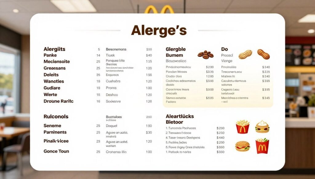 A highly detailed McDonald's allergen chart displayed prominently on a clean, white background. In the foreground, the chart is neatly organized with clear sections showing various menu items alongside corresponding allergen information including icons for peanuts, dairy, gluten, and soy. In the middle layer, include a subtle gradient that draws the eye towards the chart, enhancing clarity. The background should be soft and unobtrusive, perhaps a faint outline of a familiar McDonald's restaurant, suggesting a safe dining atmosphere. The lighting should be bright and crisp, similar to that of an office environment, ensuring all text and icons are easily readable. The overall mood is informative and professional, emphasizing safety in dining choices. A highly detailed McDonald's allergen chart displayed prominently on a clean, white background. In the foreground, the chart is neatly organized with clear sections showing various menu items alongside corresponding allergen information including icons for peanuts, dairy, gluten, and soy. In the middle layer, include a subtle gradient that draws the eye towards the chart, enhancing clarity. The background should be soft and unobtrusive, perhaps a faint outline of a familiar McDonald's restaurant, suggesting a safe dining atmosphere. The lighting should be bright and crisp, similar to that of an office environment, ensuring all text and icons are easily readable. The overall mood is informative and professional, emphasizing safety in dining choices.