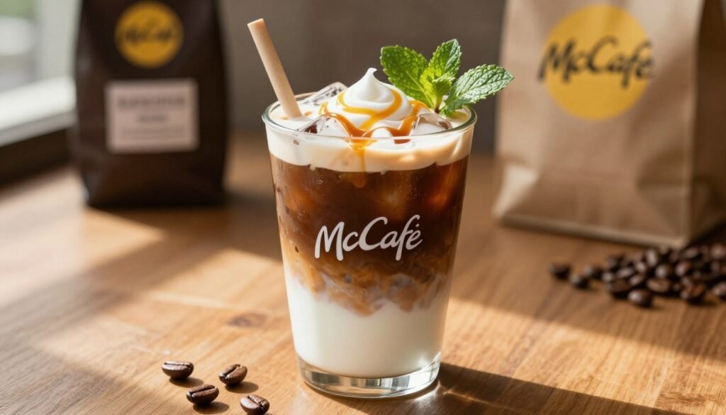 A refreshing McCafe iced coffee, beautifully presented in a clear glass filled with ice cubes, featuring rich, dark coffee topped with a swirl of creamy milk. The drink is adorned with a drizzle of caramel sauce and a sprig of mint for freshness. In the foreground, a straw peeks out invitingly from the glass. The glass sits on a wooden table, reflecting soft, natural sunlight that enhances the rich tones of the coffee. In the background, softly blurred shapes of coffee beans and a subtle McCafe logo can be seen, creating a cozy coffee shop ambiance. The mood is refreshing and inviting, perfect for a warm day. The image is captured from a slightly low angle to emphasize the drink's enticing features. A refreshing McCafe iced coffee, beautifully presented in a clear glass filled with ice cubes, featuring rich, dark coffee topped with a swirl of creamy milk. The drink is adorned with a drizzle of caramel sauce and a sprig of mint for freshness. In the foreground, a straw peeks out invitingly from the glass. The glass sits on a wooden table, reflecting soft, natural sunlight that enhances the rich tones of the coffee. In the background, softly blurred shapes of coffee beans and a subtle McCafe logo can be seen, creating a cozy coffee shop ambiance. The mood is refreshing and inviting, perfect for a warm day. The image is captured from a slightly low angle to emphasize the drink's enticing features.