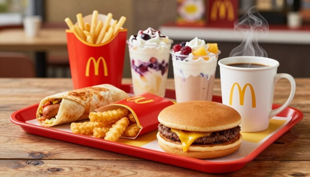 A vibrant McDonald's breakfast scene featuring an array of breakfast menu specials like fluffy pancakes, golden hash browns, and freshly brewed coffee displayed on a bright red and yellow tray. In the foreground, a close-up captures a classic Egg McMuffin alongside a steaming cup of coffee, enticingly showcased against a rustic wooden table surface. The middle ground features a variety of breakfast items, such as a sausage burrito and fruit and yogurt parfaits, arranged appealingly. The background is subtly blurred to focus on the food items while hinting at a cozy McDonald's interior with warm lighting and cheerful decor. The atmosphere is inviting and nostalgic, evoking the comfort of a morning meal at McDonald's. A vibrant McDonald's breakfast scene featuring an array of breakfast menu specials like fluffy pancakes, golden hash browns, and freshly brewed coffee displayed on a bright red and yellow tray. In the foreground, a close-up captures a classic Egg McMuffin alongside a steaming cup of coffee, enticingly showcased against a rustic wooden table surface. The middle ground features a variety of breakfast items, such as a sausage burrito and fruit and yogurt parfaits, arranged appealingly. The background is subtly blurred to focus on the food items while hinting at a cozy McDonald's interior with warm lighting and cheerful decor. The atmosphere is inviting and nostalgic, evoking the comfort of a morning meal at McDonald's.