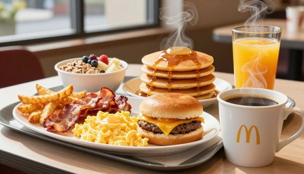 A vibrant McDonald's breakfast spread, showcasing an inviting table adorned with signature items like fluffy scrambled eggs, crispy bacon, golden hash browns, and a fresh Fruit & Maple Oatmeal bowl, all neatly arranged. The foreground features a steaming cup of rich coffee alongside a bright orange juice. In the middle, a beautifully toasted Egg McMuffin with melted cheese and a perfectly cooked egg takes center stage, with a side of hotcakes stacked high, drizzled in syrup. The background shows a cozy McDonald's interior softly lit by morning sunlight filtering through large windows, creating a warm and welcoming atmosphere. The angle captures the essence of a leisurely breakfast moment while emphasizing the delicious food, making it appetizing and appealing. A vibrant McDonald's breakfast spread, showcasing an inviting table adorned with signature items like fluffy scrambled eggs, crispy bacon, golden hash browns, and a fresh Fruit & Maple Oatmeal bowl, all neatly arranged. The foreground features a steaming cup of rich coffee alongside a bright orange juice. In the middle, a beautifully toasted Egg McMuffin with melted cheese and a perfectly cooked egg takes center stage, with a side of hotcakes stacked high, drizzled in syrup. The background shows a cozy McDonald's interior softly lit by morning sunlight filtering through large windows, creating a warm and welcoming atmosphere. The angle captures the essence of a leisurely breakfast moment while emphasizing the delicious food, making it appetizing and appealing.
