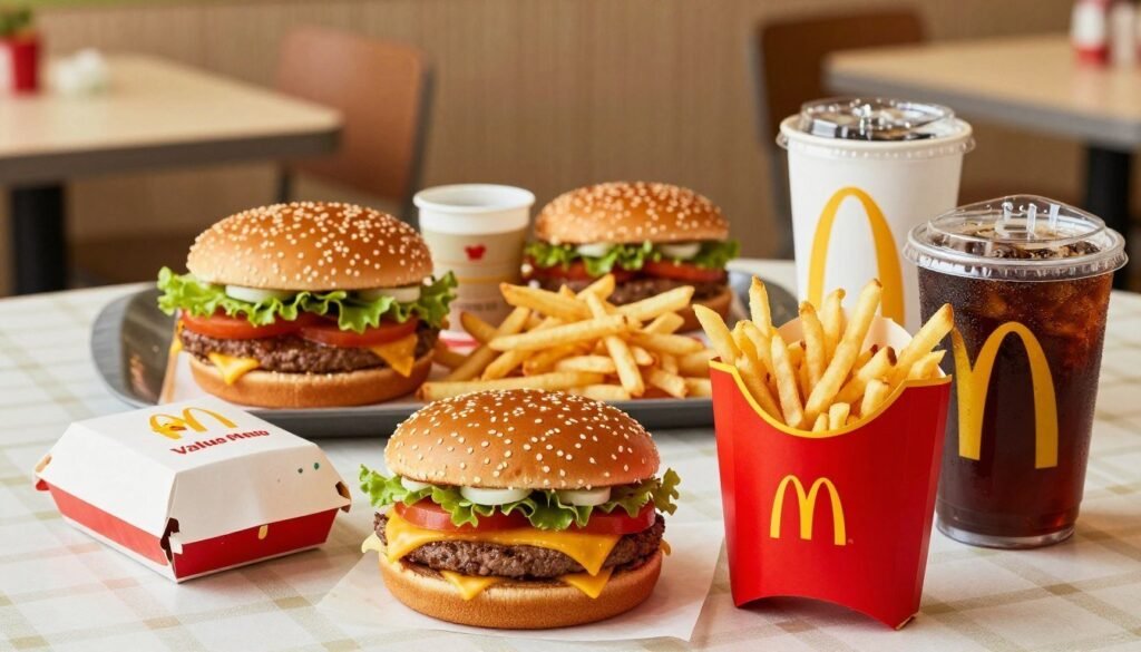 A vibrant display of McDonald's Value Menu items arranged appealingly on a checkered tablecloth. In the foreground, close-up shots of iconic menu items like a cheeseburger, crispy fries, and a soft drink, all presented in branded packaging. The middle section features a larger view of a combo meal, showcasing beautifully plated items with fresh ingredients. The background should have a warm, inviting fast-food restaurant setting, with soft, natural lighting creating a cheerful atmosphere. The focus is sharp on the food items, capturing their appealing textures and colors. The overall mood is casual and family-friendly, designed to highlight affordable dining options suitable for budget-conscious customers. A vibrant display of McDonald's Value Menu items arranged appealingly on a checkered tablecloth. In the foreground, close-up shots of iconic menu items like a cheeseburger, crispy fries, and a soft drink, all presented in branded packaging. The middle section features a larger view of a combo meal, showcasing beautifully plated items with fresh ingredients. The background should have a warm, inviting fast-food restaurant setting, with soft, natural lighting creating a cheerful atmosphere. The focus is sharp on the food items, capturing their appealing textures and colors. The overall mood is casual and family-friendly, designed to highlight affordable dining options suitable for budget-conscious customers.