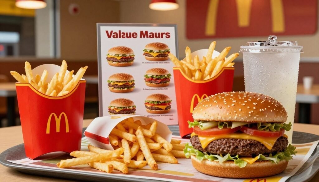 A vibrant table setting featuring an array of McDonald's value meals, including a classic Big Mac, crispy fries, and a refreshing drink. The foreground showcases a close-up of the meals, highlighting the savory layers of the burger and the golden-brown fries, with drops of condensation on the drink for a refreshing effect. In the middle, a menu card displays different value meal options, elegantly arranged. The background features a cozy McDonald's restaurant ambiance with soft, warm lighting, comfortable seating, and iconic red and yellow branding subtly incorporated. The atmosphere is inviting and cheerful, evoking a sense of comfort and nostalgia, perfect for fast food enthusiasts. The camera angle is slightly tilted downwards, creating an engaging perspective that draws the viewer’s eye to the delicious food. A vibrant table setting featuring an array of McDonald's value meals, including a classic Big Mac, crispy fries, and a refreshing drink. The foreground showcases a close-up of the meals, highlighting the savory layers of the burger and the golden-brown fries, with drops of condensation on the drink for a refreshing effect. In the middle, a menu card displays different value meal options, elegantly arranged. The background features a cozy McDonald's restaurant ambiance with soft, warm lighting, comfortable seating, and iconic red and yellow branding subtly incorporated. The atmosphere is inviting and cheerful, evoking a sense of comfort and nostalgia, perfect for fast food enthusiasts. The camera angle is slightly tilted downwards, creating an engaging perspective that draws the viewer’s eye to the delicious food.