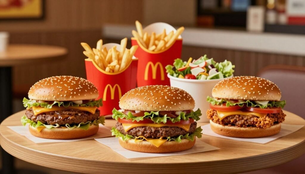 A visually appealing McDonald's burger menu, displayed prominently on a circular wooden table. In the foreground, a selection of iconic burgers like the Big Mac, Quarter Pounder, and McChicken, each beautifully presented with fresh ingredients visible. In the middle ground, soft-focus images of crispy fries and a vibrant salad, creating a balanced meal look. The background features a warm, inviting McDonald's restaurant interior, with gentle lighting illuminating the scene, simulating a cozy dining atmosphere. The composition emphasizes the deliciousness and variety of the burger menu, appealing to hungry customers, captured in a high-angle shot to provide a comprehensive view of the meal selection. The overall mood is cheerful and appetizing, inviting viewers to indulge in a classic fast-food experience. A visually appealing McDonald's burger menu, displayed prominently on a circular wooden table. In the foreground, a selection of iconic burgers like the Big Mac, Quarter Pounder, and McChicken, each beautifully presented with fresh ingredients visible. In the middle ground, soft-focus images of crispy fries and a vibrant salad, creating a balanced meal look. The background features a warm, inviting McDonald's restaurant interior, with gentle lighting illuminating the scene, simulating a cozy dining atmosphere. The composition emphasizes the deliciousness and variety of the burger menu, appealing to hungry customers, captured in a high-angle shot to provide a comprehensive view of the meal selection. The overall mood is cheerful and appetizing, inviting viewers to indulge in a classic fast-food experience.